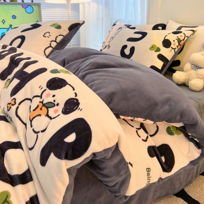 91家纺网 家纺一手货源 找家纺 2024新款原创小清新牛奶绒印花四件套 嗨皮狗