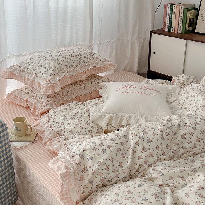 91家纺网 家纺一手货源 找家纺 昔可家纺 2024蕾丝双层花边款全棉四件套 春鹭杏花