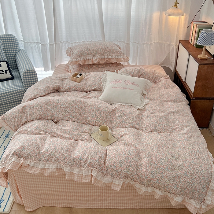 91家纺网 家纺一手货源 找家纺 昔可家纺 2024蕾丝双层花边款全棉四件套 日落花海