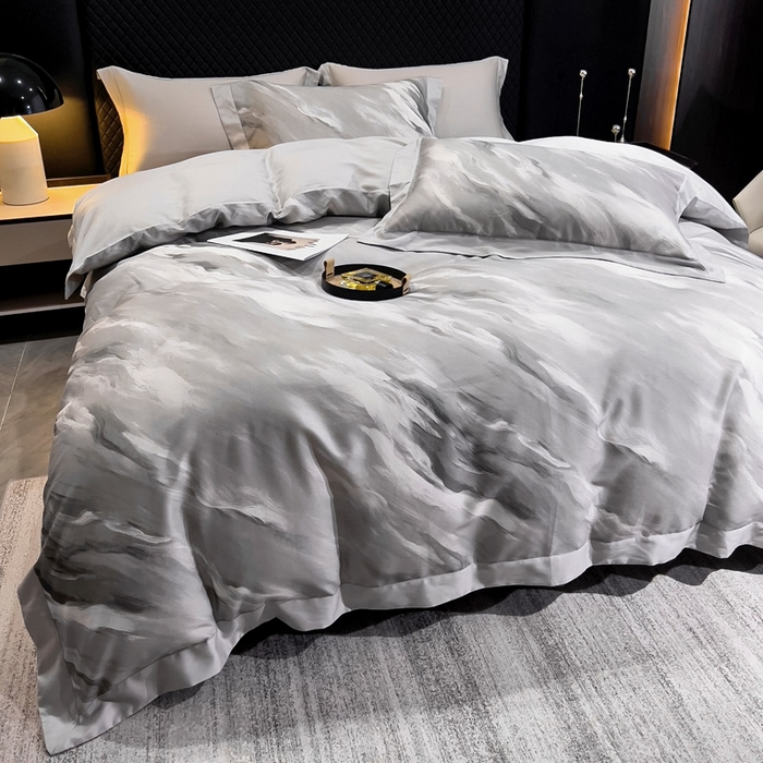 91家纺网 家纺一手货源 找家纺 氧家 2024新款数码印花天丝磨毛艾阳绒四件套 云汉灰