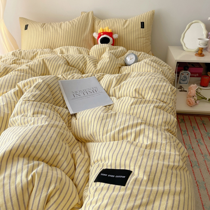 91家纺网 家纺一手货源 找家纺 呗旺鹿 2024新款A类全棉色织水洗棉马卡龙系列四件套 可乐黄咖