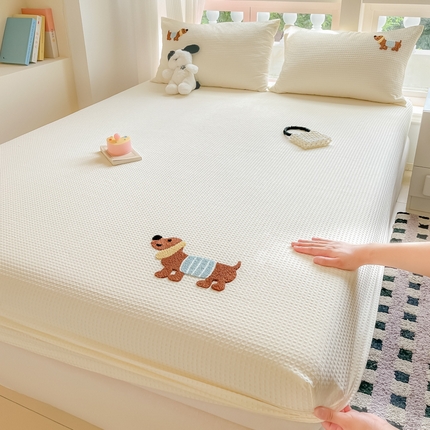 居眠 2024新款全棉华夫格毛巾绣床笠 丑萌小狗-白