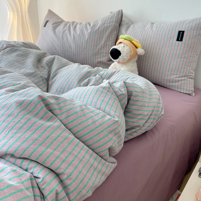 91家纺网 家纺一手货源 找家纺 呗旺鹿 2024新款A类全棉色织水洗棉马卡龙系列四件套 可乐粉绿