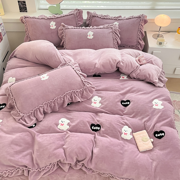 91家纺网 家纺一手货源 找家纺 亨通家纺 2024新款高克重法式牛奶绒四件套系列-可爱风 可爱风-紫