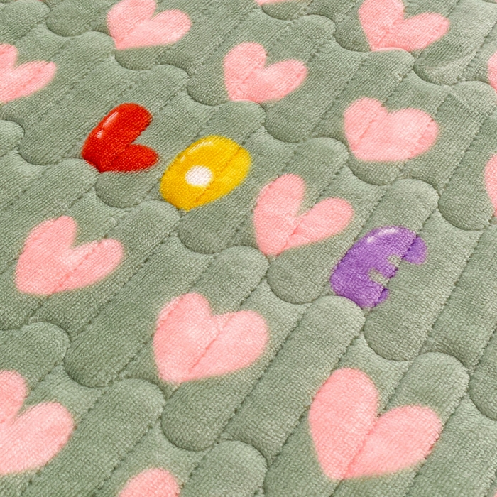 91家纺网 家纺一手货源 找家纺 胜权家纺 2024秋冬新款印花牛奶绒加厚保暖圆角花边夹棉床盖 多彩爱心绿