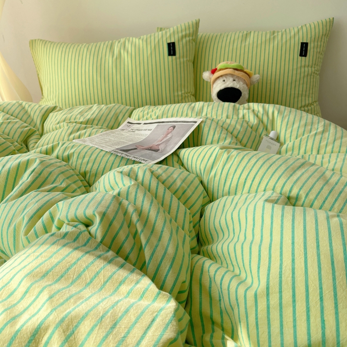 91家纺网 家纺一手货源 找家纺 呗旺鹿 2024新款A类全棉色织水洗棉马卡龙系列四件套 可乐青柠