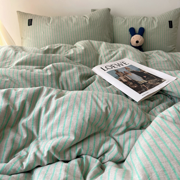 91家纺网 家纺一手货源 找家纺 呗旺鹿 2024新款A类全棉色织水洗棉马卡龙系列四件套 可乐绿灰