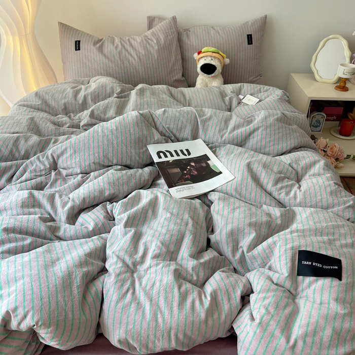 91家纺网 家纺一手货源 找家纺 呗旺鹿 2024新款A类全棉色织水洗棉马卡龙系列四件套 可乐粉绿