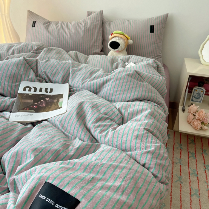 91家纺网 家纺一手货源 找家纺 呗旺鹿 2024新款A类全棉色织水洗棉马卡龙系列四件套 可乐粉绿