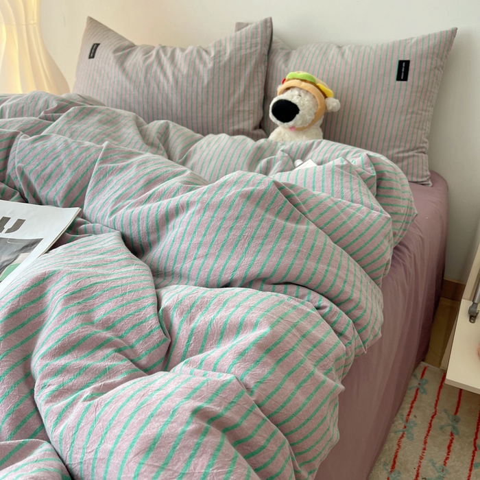 91家纺网 家纺一手货源 找家纺 呗旺鹿 2024新款A类全棉色织水洗棉马卡龙系列四件套 可乐粉绿