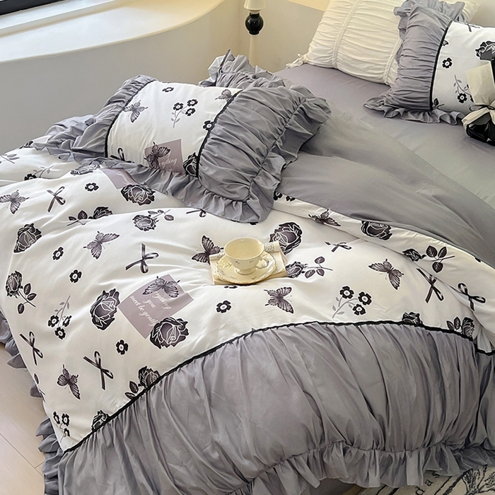 91家纺网 家纺一手货源 找家纺 春光里 2024新款法式大花边亲肤磨毛四件套 玫瑰蝶影