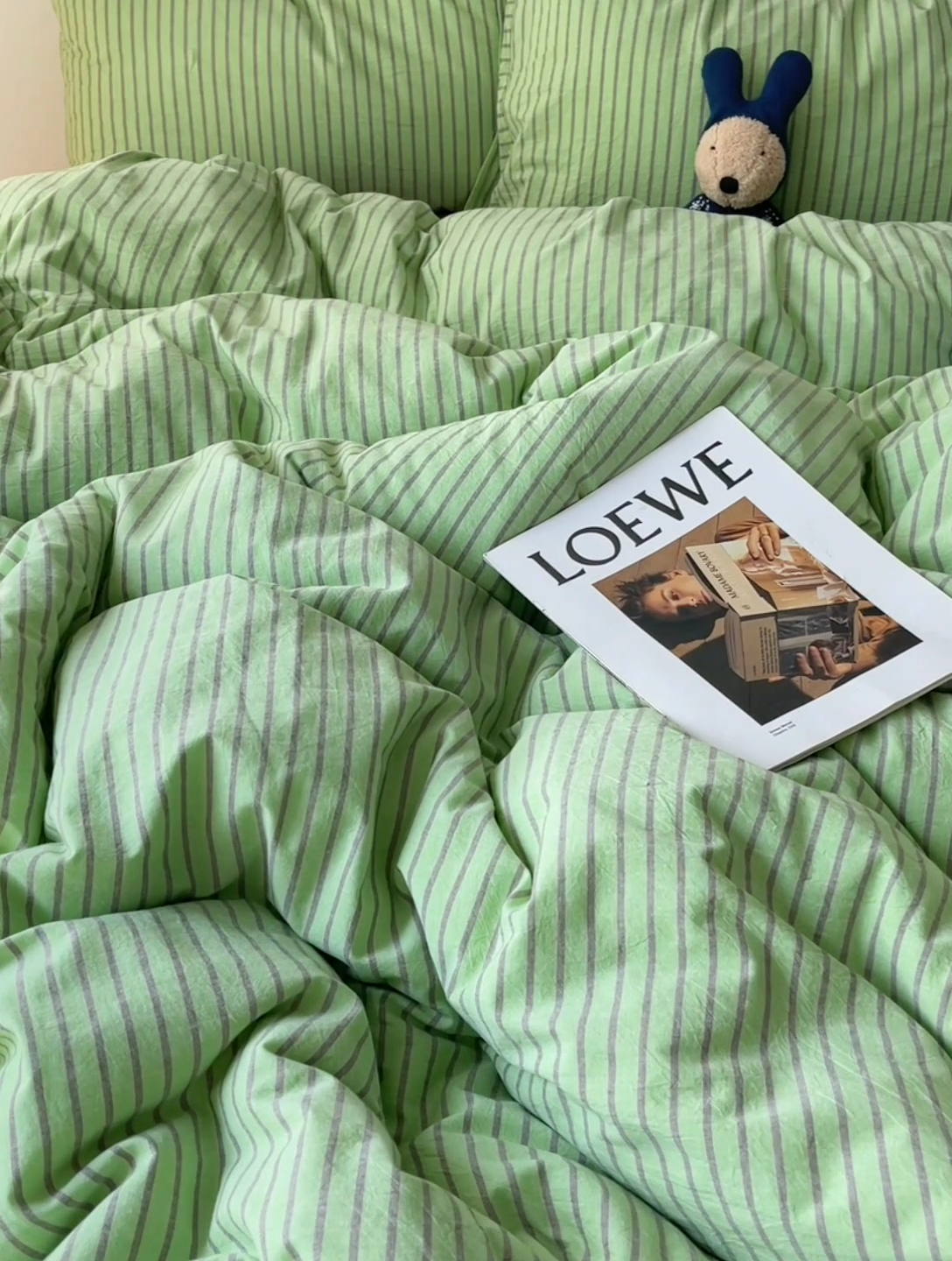 91家纺网 家纺一手货源 找家纺 呗旺鹿 2024新款A类全棉色织水洗棉马卡龙系列四件套 可乐绿紫