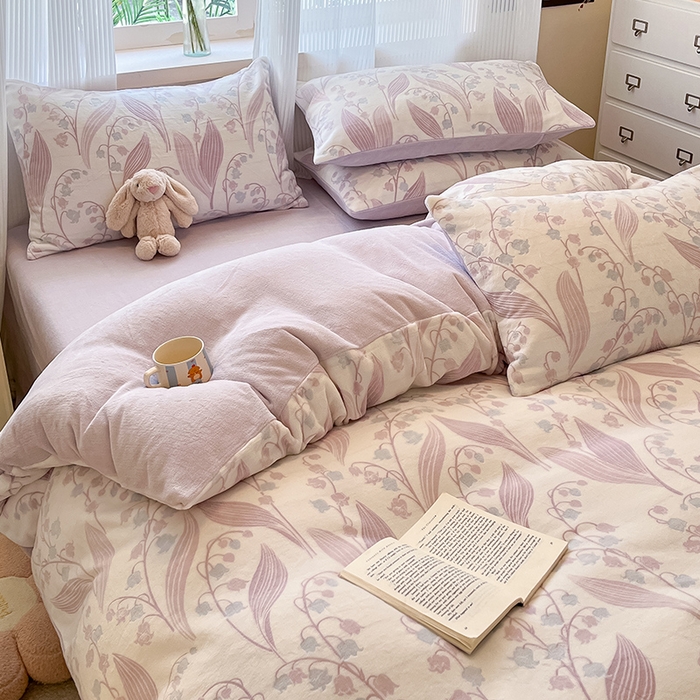 91家纺网 家纺一手货源 找家纺 高克重上色立体雕花牛奶绒着色烂花四件套宝宝绒婴儿绒秋冬加厚法兰绒珊瑚绒三件套 铃兰-紫