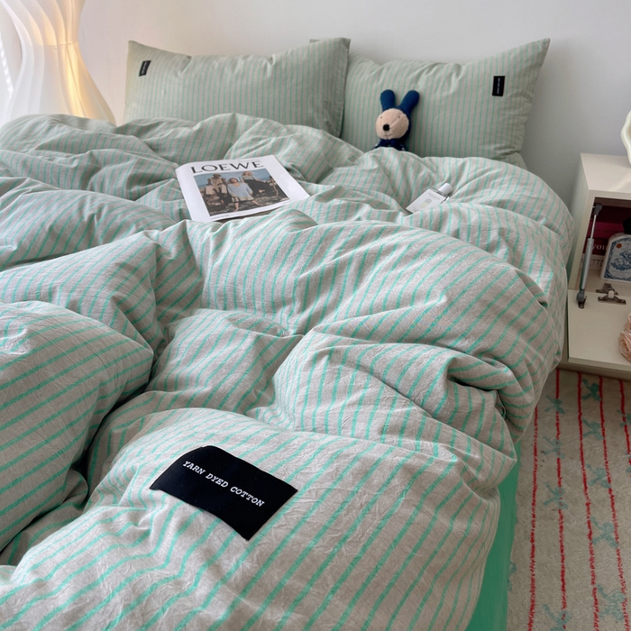 91家纺网 家纺一手货源 找家纺 呗旺鹿 2024新款A类全棉色织水洗棉马卡龙系列四件套 可乐绿灰