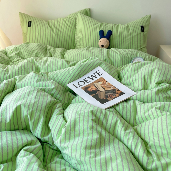 91家纺网 家纺一手货源 找家纺 呗旺鹿 2024新款A类全棉色织水洗棉马卡龙系列四件套 可乐绿紫