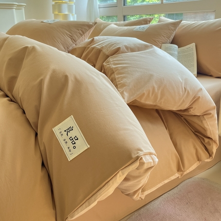 禧澜庭 2024新款纯棉全棉水洗棉斜纹无印风纯棉四件套三件套 驼色+奶茶色