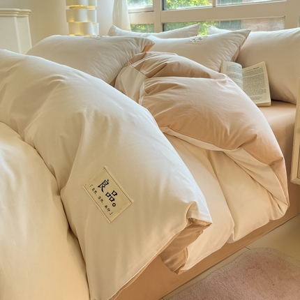 禧澜庭 2024新款纯棉全棉水洗棉斜纹无印风纯棉四件套三件套 奶昔白+卡其