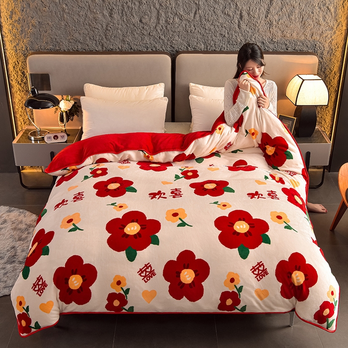 91家纺网 家纺一手货源 找家纺 佳品居 2025新款A类牛奶绒印花单被套 满欣欢喜