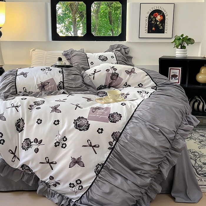 91家纺网 家纺一手货源 找家纺 春光里 2024新款法式大花边亲肤磨毛四件套 玫瑰蝶影