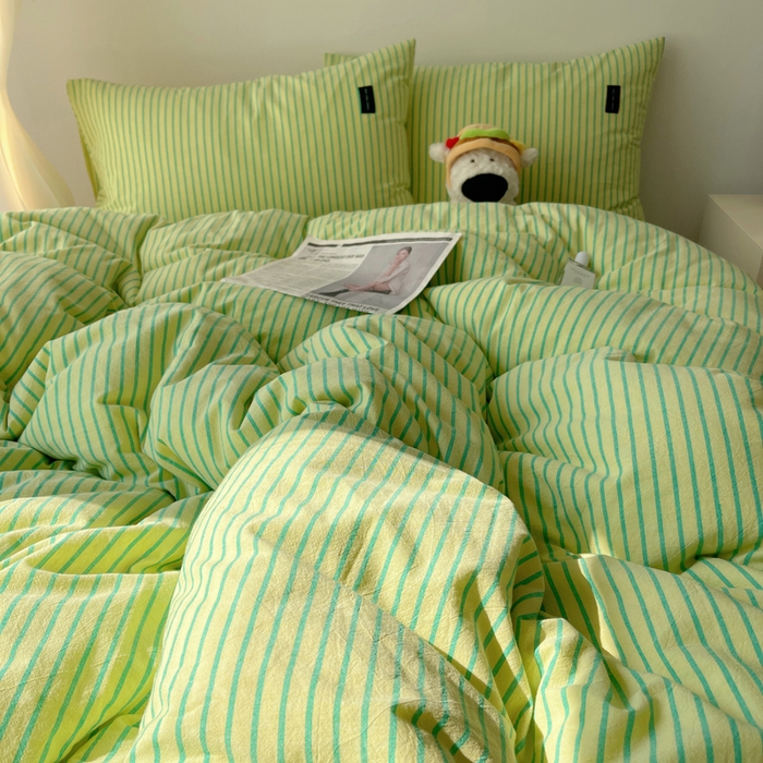 91家纺网 家纺一手货源 找家纺 呗旺鹿 2024新款A类全棉色织水洗棉马卡龙系列四件套 可乐青柠