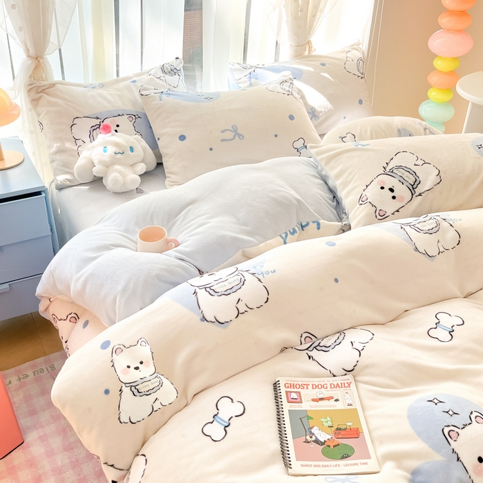 91家纺网 家纺一手货源 找家纺 桃子家居 2024新款ins小清新花卉少女卡通跑量牛奶绒系列四件套 绒-蓝甜小狗