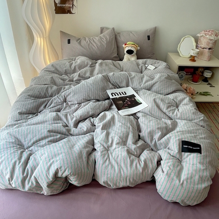 呗旺鹿 2024新款A类全棉色织水洗棉马卡龙系列四件套 可乐粉绿