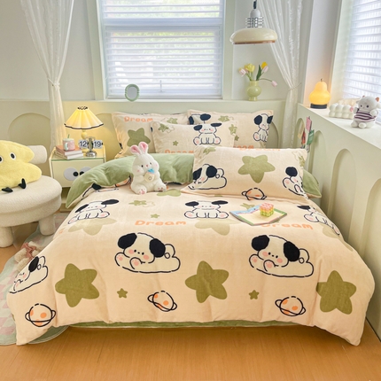 2024新款小清新牛奶绒高克重加厚保暖四件套 星星狗绿