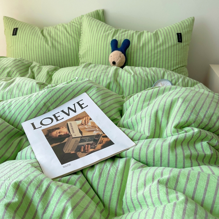 91家纺网 家纺一手货源 找家纺 呗旺鹿 2024新款A类全棉色织水洗棉马卡龙系列四件套 可乐绿紫