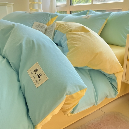 91家纺网 家纺一手货源 找家纺 禧澜庭 2024新款纯棉全棉水洗棉斜纹无印风纯棉四件套三件套 梵星蓝+奶黄