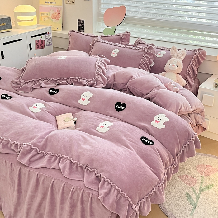 91家纺网 家纺一手货源 找家纺 亨通家纺 2024新款高克重法式牛奶绒四件套系列-可爱风 可爱风-紫