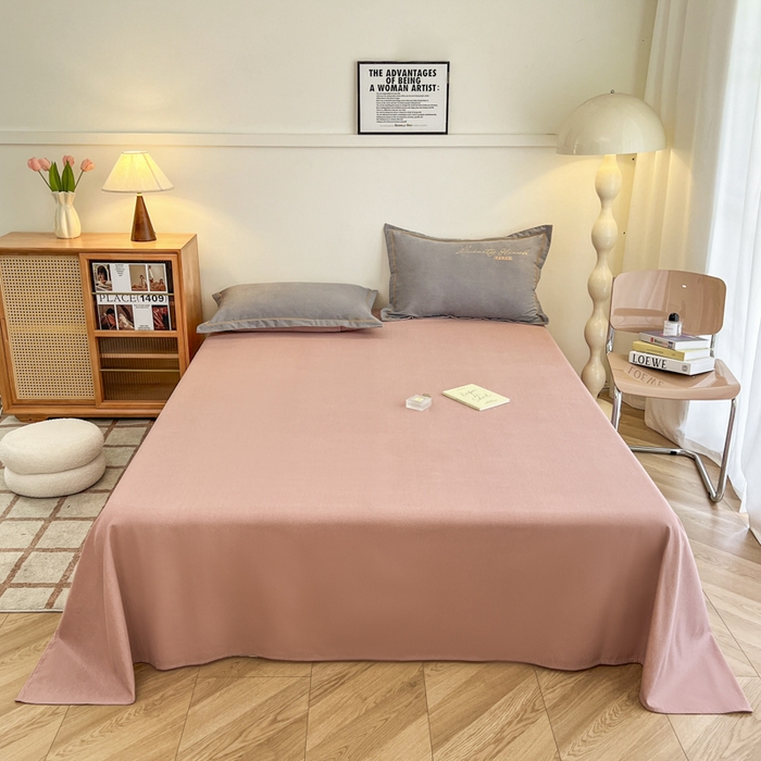 91家纺网 家纺一手货源 找家纺 菲梵家纺 2025新款纯色双拼全棉加厚磨毛刺绣款套单床单（自然光场景） 铂金粉