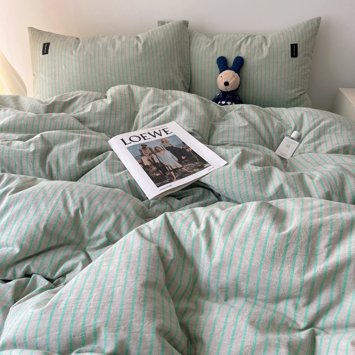 91家纺网 家纺一手货源 找家纺 呗旺鹿 2024新款A类全棉色织水洗棉马卡龙系列四件套 可乐绿灰