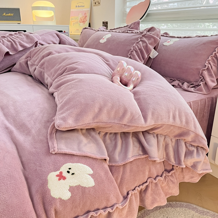 91家纺网 家纺一手货源 找家纺 亨通家纺 2024新款高克重法式牛奶绒四件套系列-可爱风 可爱风-紫