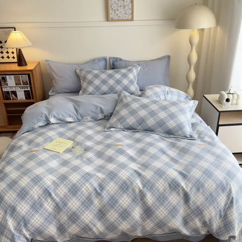 91家纺网 家纺一手货源 找家纺 新印象 2025新款全棉生态磨毛印花四件套苏米浅蓝格