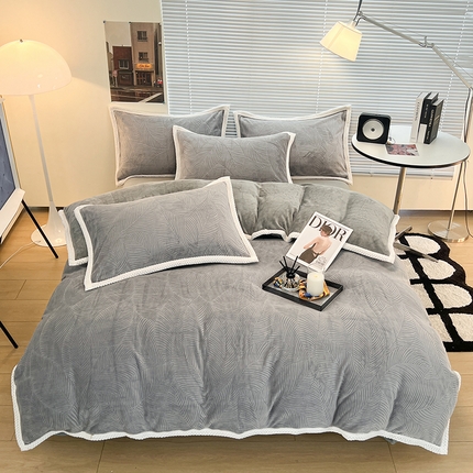 2024新款A类高克重3D立体雕花牛奶绒保暖系列套件单品-被套 新芭蕉叶灰