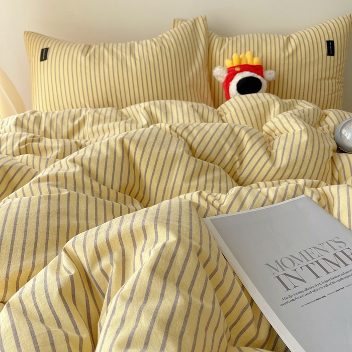 91家纺网 家纺一手货源 找家纺 呗旺鹿 2024新款A类全棉色织水洗棉马卡龙系列四件套 可乐黄咖