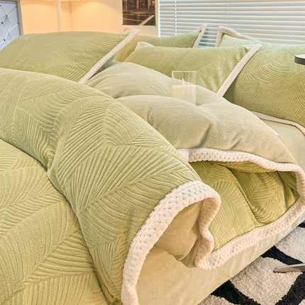 2024新款A类高克重3D立体雕花牛奶绒保暖系列套件单品-四件套 新芭蕉叶绿