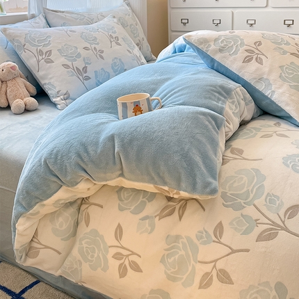 高克重上色立体雕花牛奶绒着色烂花四件套宝宝绒婴儿绒秋冬加厚法兰绒珊瑚绒三件套 觅恋-蓝