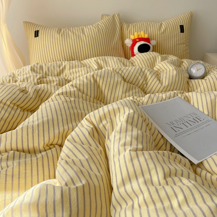 91家纺网 家纺一手货源 找家纺 呗旺鹿 2024新款A类全棉色织水洗棉马卡龙系列四件套 可乐黄咖