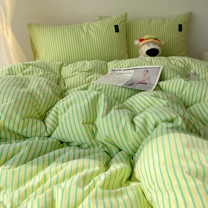 91家纺网 家纺一手货源 找家纺 呗旺鹿 2024新款A类全棉色织水洗棉马卡龙系列四件套 可乐青柠