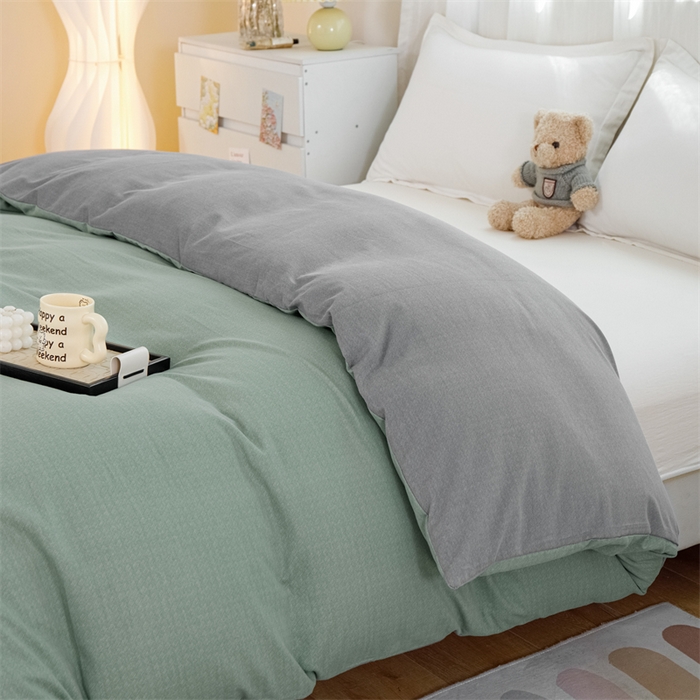 91家纺网 家纺一手货源 找家纺 宝时兰 2025新款加厚纯棉单被套生态磨毛全棉纯色双拼ab版被套单件 双拼-绿灰