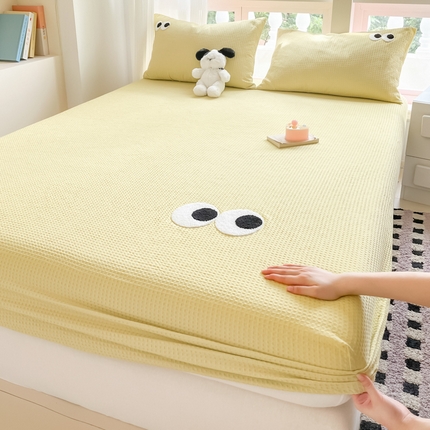 居眠 2024新款全棉华夫格毛巾绣床笠 呆呆大眼-黄