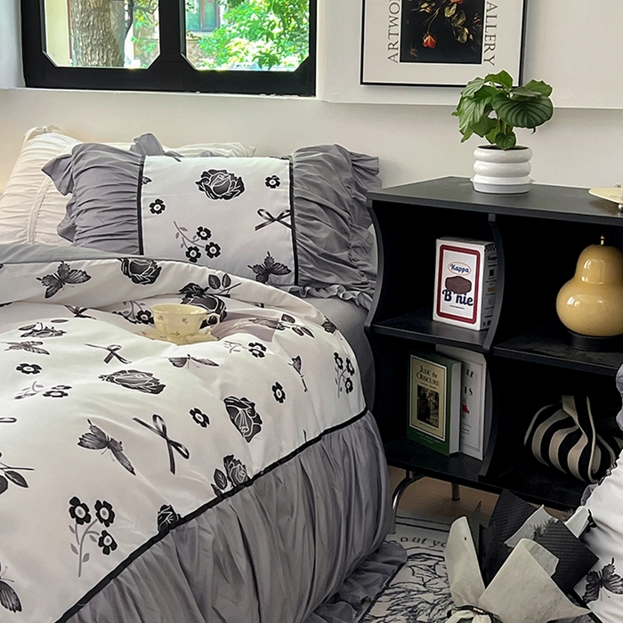 91家纺网 家纺一手货源 找家纺 春光里 2024新款法式大花边亲肤磨毛四件套 玫瑰蝶影