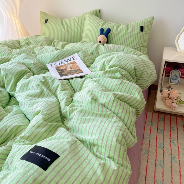 91家纺网 家纺一手货源 找家纺 呗旺鹿 2024新款A类全棉色织水洗棉马卡龙系列四件套 可乐绿紫