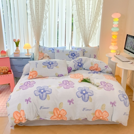 桃子家居 2024新款ins小清新花卉少女卡通跑量牛奶绒系列四件套 绒-花恋蓝
