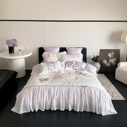 91家纺网 家纺一手货源 找家纺 （总）曼布缇 2025新品100S长绒棉绣花四件套-花仙子