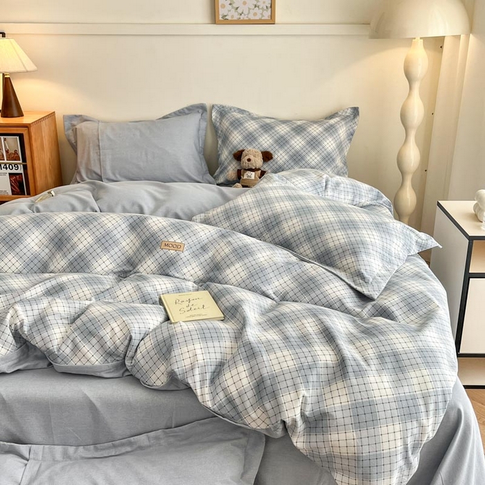 91家纺网 家纺一手货源 找家纺 新印象 2025新款全棉生态磨毛印花四件套苏米浅蓝格