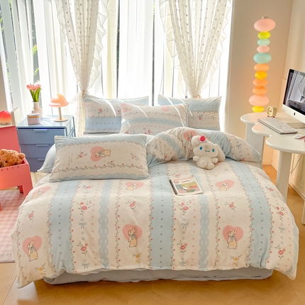 桃子家居 2024新款ins小清新花卉少女卡通跑量牛奶绒系列四件套 绒-蓝玉兔