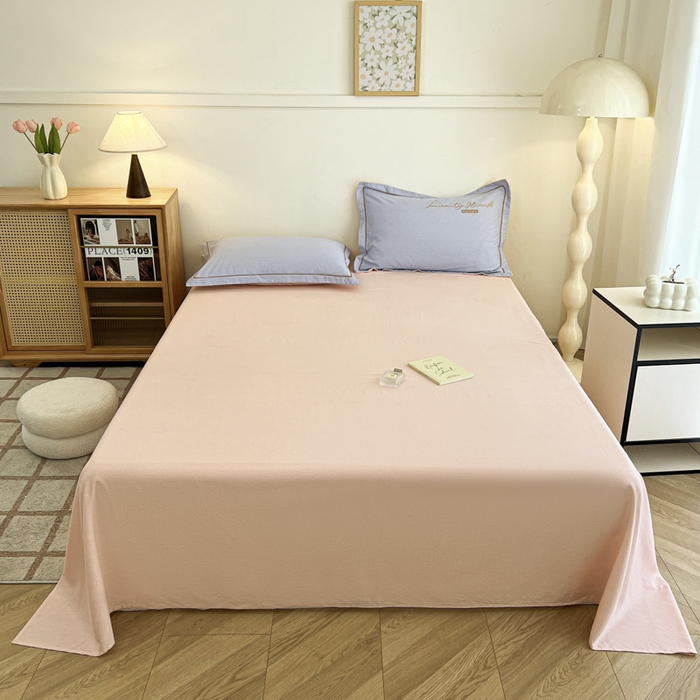 91家纺网 家纺一手货源 找家纺 菲梵家纺 2025新款纯色双拼全棉加厚磨毛刺绣款套单床单（自然光场景） 少女粉