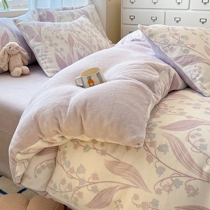 高克重上色立体雕花牛奶绒着色烂花四件套宝宝绒婴儿绒秋冬加厚法兰绒珊瑚绒三件套 铃兰-紫